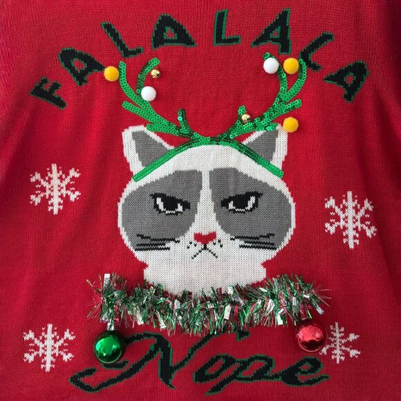 Ugly Christmas Sweater Cat Red "FaLaLaLa Nope" Grumpy Cat 3XL Holiday Funny - Picture 3 of 14